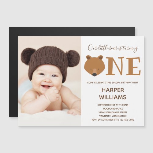 Bear Photo Animal First Birthday Magnetic Invitation