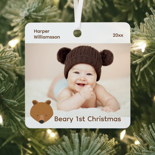 Bear Photo Baby First Christmas Metal Ornament (Insitu)