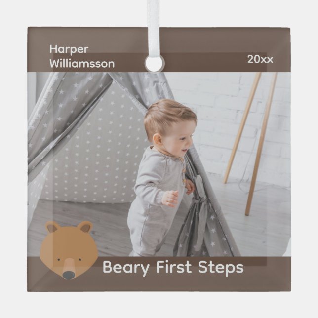 Bear Photo Baby First Steps Christmas Glass Ornament (Front)