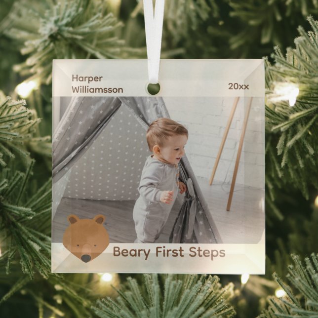 Bear Photo Baby First Steps Christmas Glass Ornament (Insitu)