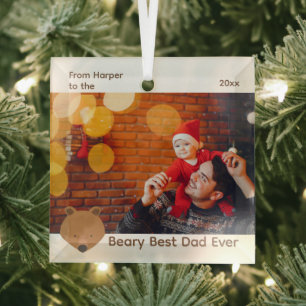 Bear Photo Best Dad Christmas Glass Ornament