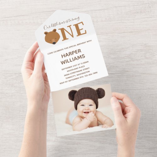 Bear Photo Cute First Birthday Invitation