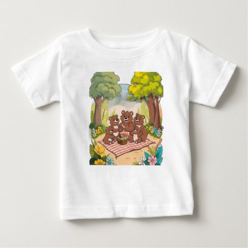  Bear Picnic in the Woods Cartoon Delight Baby T_Shirt