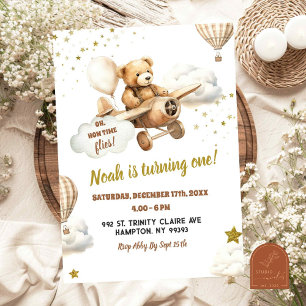 Bear Pilot Airplane First Birthday Boy Invitation