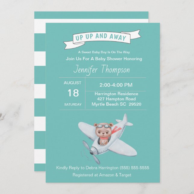 Bear Pilot and Airplane Baby Shower Invitation (Front/Back)