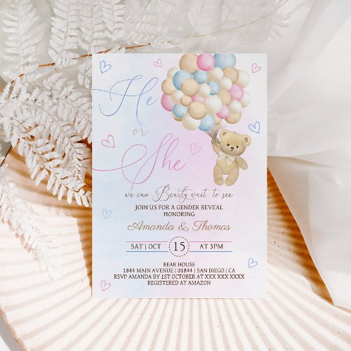 Bear Pink and Blue Balloons Gender Reveal Invitation