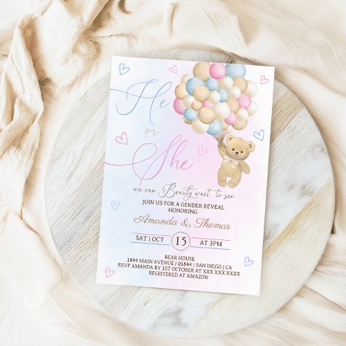 Bear Pink and Blue Balloons Gender Reveal Invitation