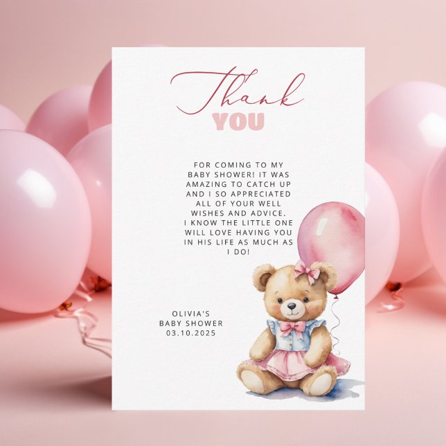 Bear Pink Balloon Baby Shower Thank You Card (Creator Uploaded)