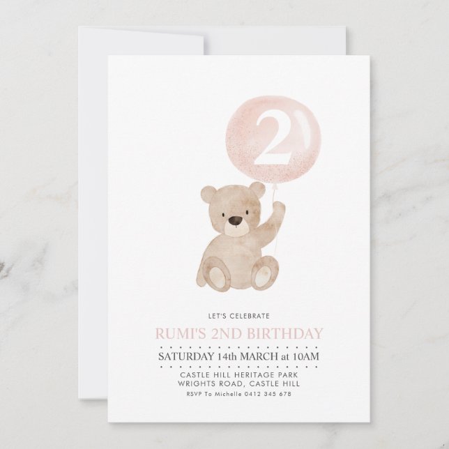 Bear Pink Balloon Girls 2nd Birthday Invitation (Front)