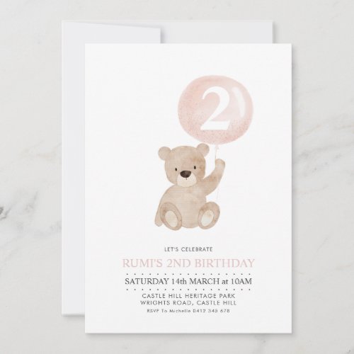 Bear Pink Balloon Girls 2nd Birthday Invitation