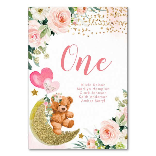 Bear Pink Balloon Table Number (Front)