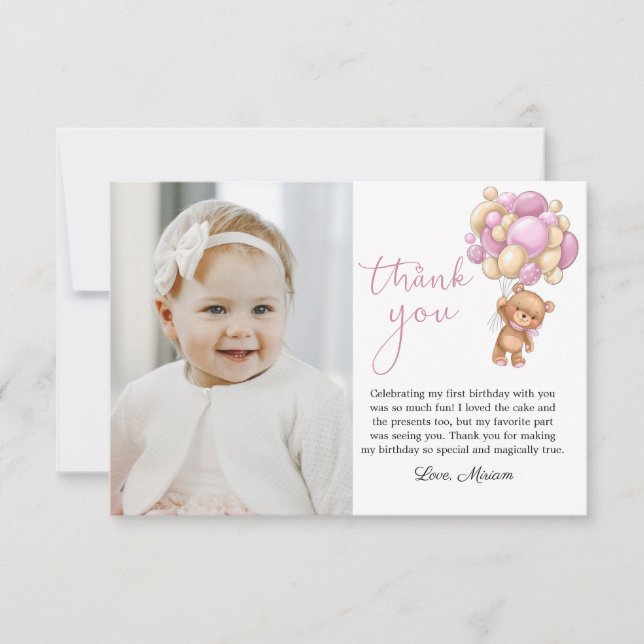 Bear Pink Balloons Baby Photo Thank You Card (Front)