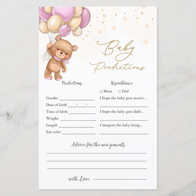 Bear Pink Balloons Baby Shower Baby Prediction  (Front)