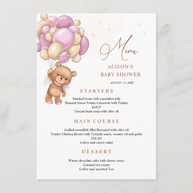 Bear Pink Balloons Baby Shower Menu (Front)