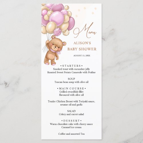 Bear Pink Balloons Baby Shower Menu