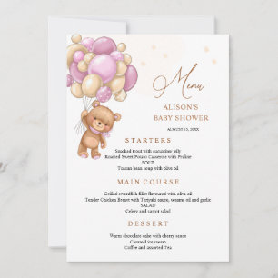 Bear Pink Balloons Baby Shower Menu Invitation