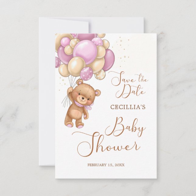 Bear Pink Balloons Baby Shower Save the Date (Front)