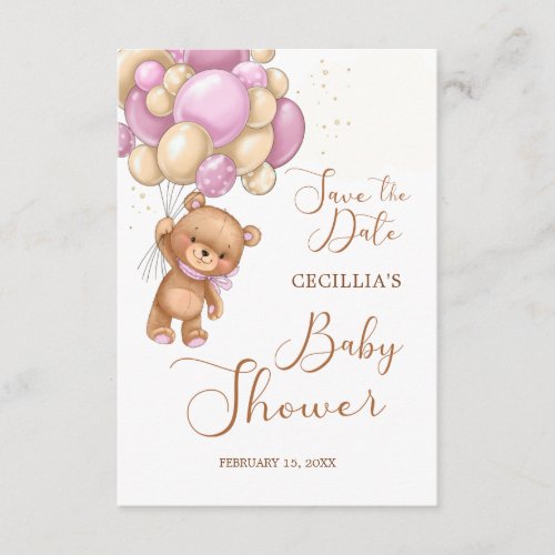 Bear Pink Balloons Baby Shower Save the Date Enclosure Card