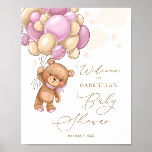 Bear Pink Balloons Baby Shower Welcome Poster