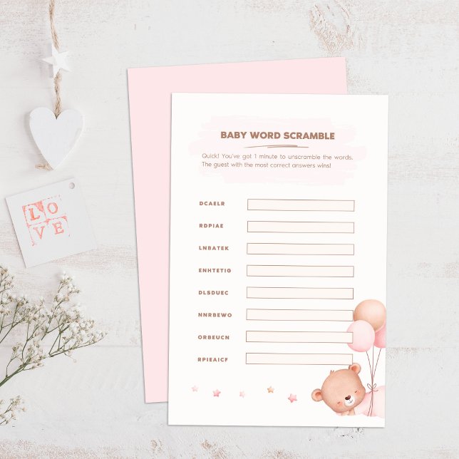 Bear & Pink Balloons Baby Shower Word Scramble (Bear & Pink Balloons Baby Shower Word Scramble on a boho wooden table.)