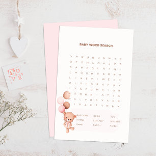 Bear & Pink Balloons Baby Shower Word Search Game