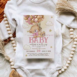 Bear Pink Balloons Bearly Wait Girl Baby Shower Invitation