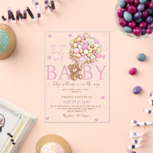 Bear Pink Balloons Girl Baby Shower  Acrylic Invitations