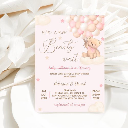 Bear Pink Balloons Girl Baby Shower Cute Invitation