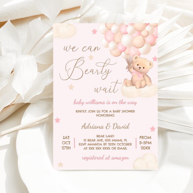 Bear Pink Balloons Girl Baby Shower Cute Invitation (Creator Uploaded)