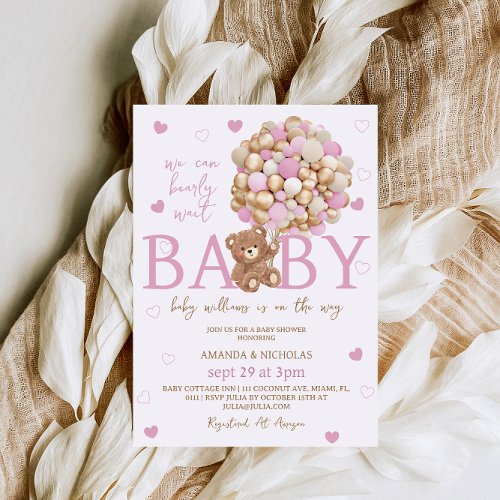 Bear Pink Balloons Girl Baby Shower  Invitation