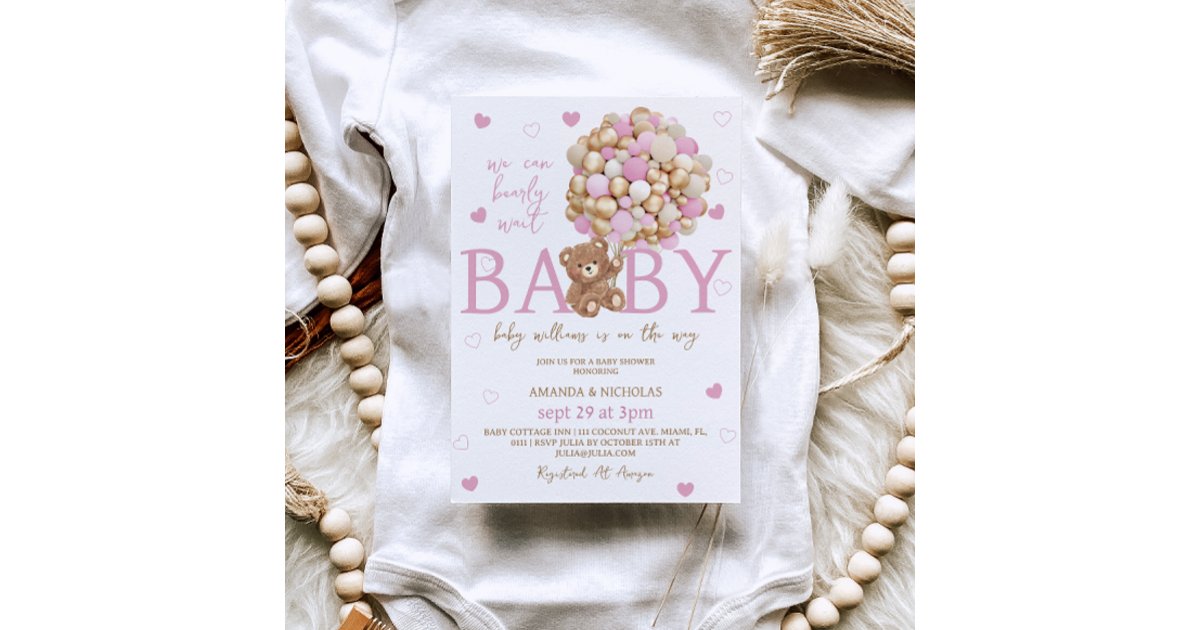 Bear Pink Balloons Girl Baby Shower Invitation | Zazzle