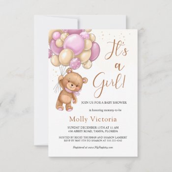 Bear Pink Balloons Girl's Baby Shower by IrinaFraser at Zazzle