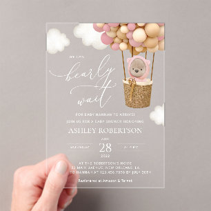 Bear, Pink Balloons, Hot Air Balloon, Baby Shower Acrylic Invitations