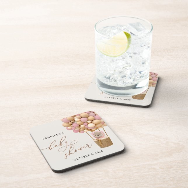 Bear, Pink Balloons, Hot Air Balloon, Baby Shower Beverage Coaster (Right Side)
