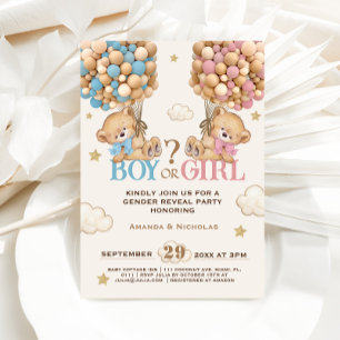 Bear Pink Blue Balloons Bearly Wait Gender Reveal Invitation