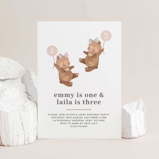 Bear Pink Bow - Joint 1st and 3rd Birthday Invitation (Bear Pink Bow - Joint 1st and 3rd Birthday Invitation)