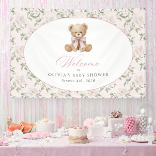 Bear, Pink Bow, Pink Flowers, Baby Shower Welcome Banner