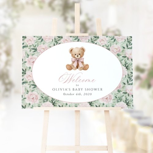 Bear, Pink Bow, Pink Flowers, Baby Shower Welcome Poster