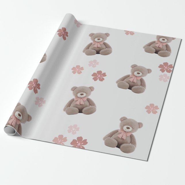 Bear Pink Cartoon Pattern Wrapping Paper (Unrolled)