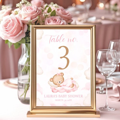 Bear Pink Girl Baby Shower Table Number Sign