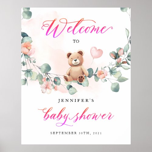 Bear Pink Girl Baby Shower Welcome Sign