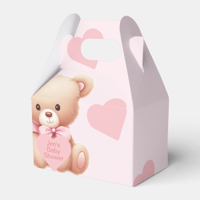 Bear Pink Hearts Baby Shower Favor Boxes (Front Side)