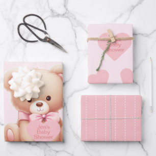 Bear Pink Hearts Baby Shower Wrapping Paper Sheets