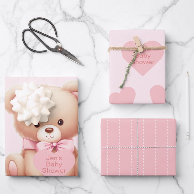 Bear Pink Hearts Baby Shower Wrapping Paper Sheets (Front)