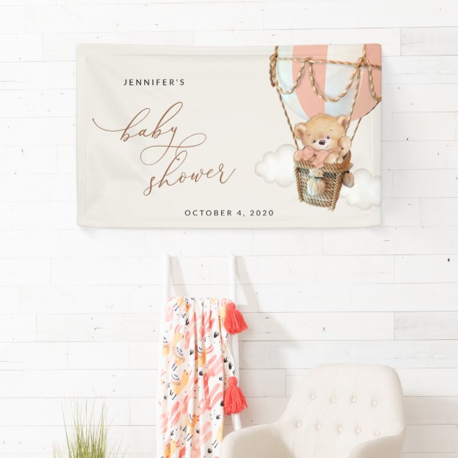 Bear, Pink Hot Air Balloon, Baby Shower Welcome Banner (Insitu)