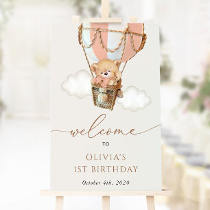 Bear, Pink Hot Air Balloon, First Birthday Welcome Poster