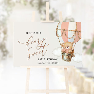 Bear, Pink Hot Air Balloon, First Birthday Welcome Sign