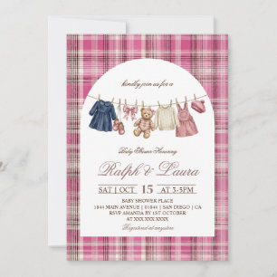 Bear Pink Plaid Baby Shower Invitation