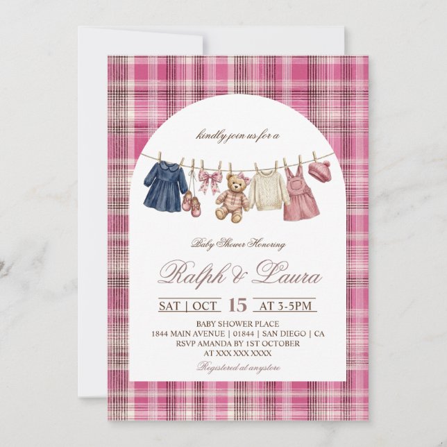 Bear Pink Plaid Baby Shower Invitation (Front)