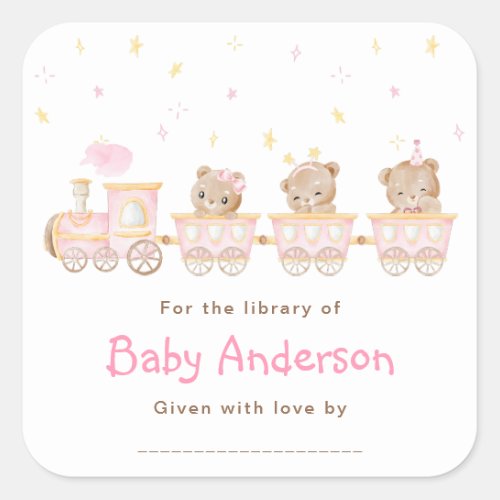 Bear Pink Train Baby Shower Bookplate